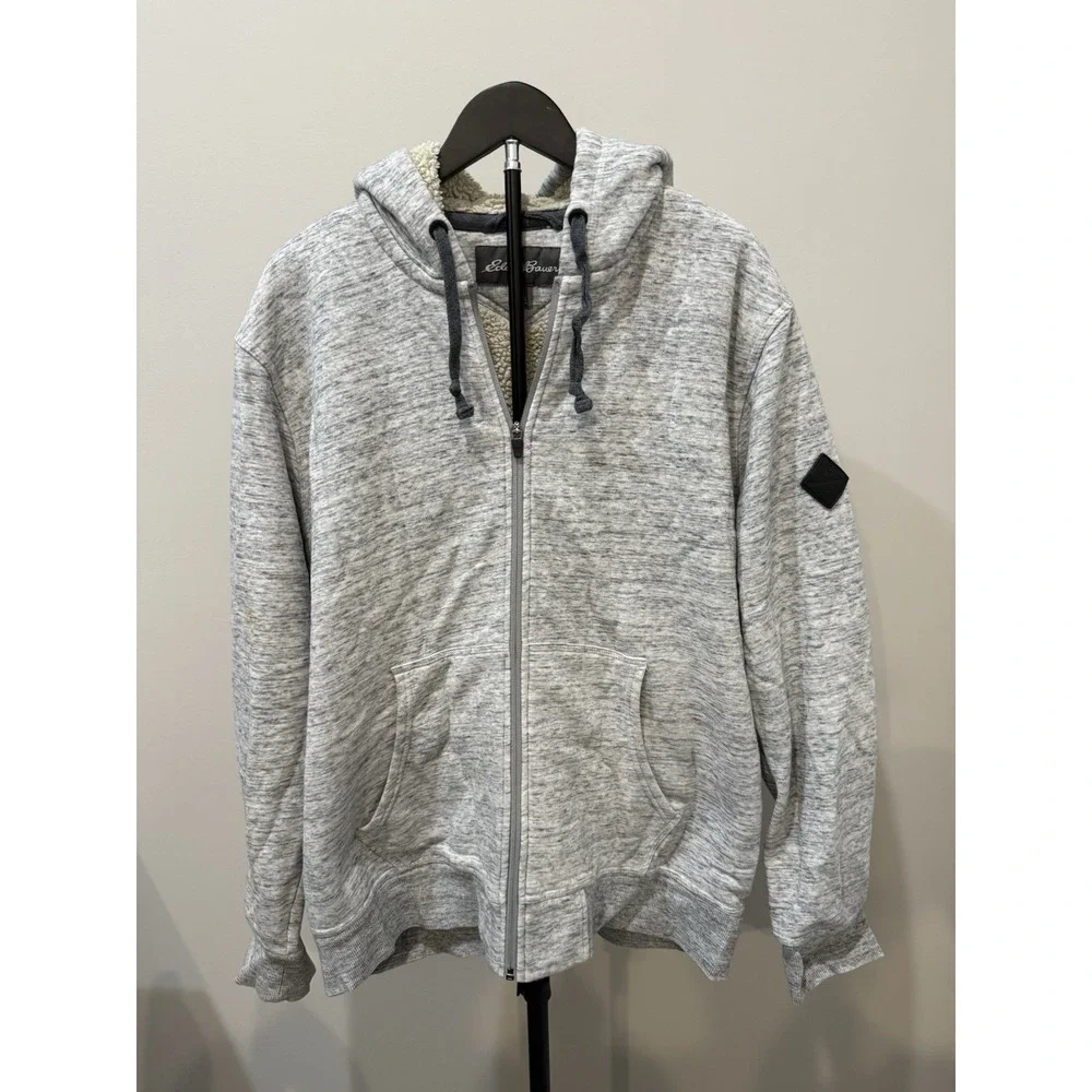Eddie Bauer Mens 2XL Sherpa Lined Full Zip Hoodie Gray Heavyweight Fleece Jacket
